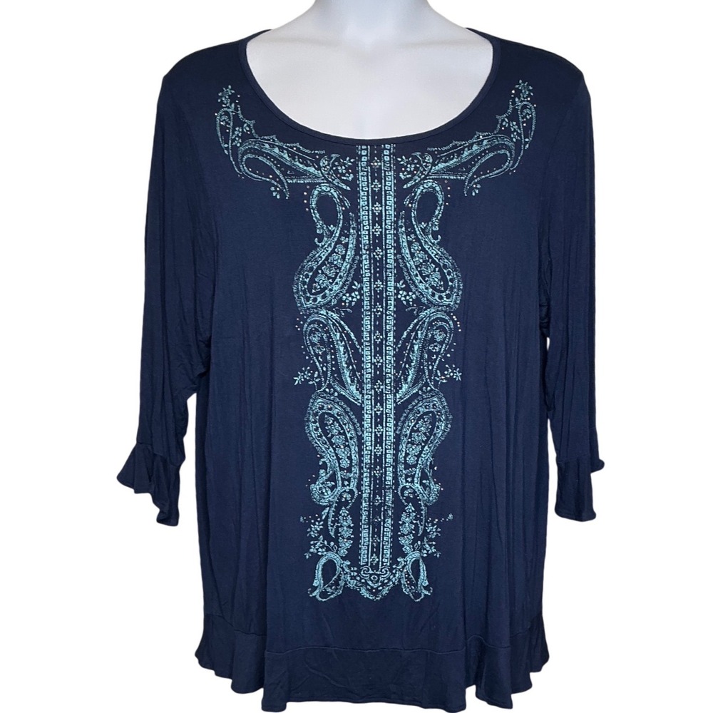 Westport Womens‎ Navy Blue Paisley Print Rhinestone Embellished Tunic Top Sz 2X